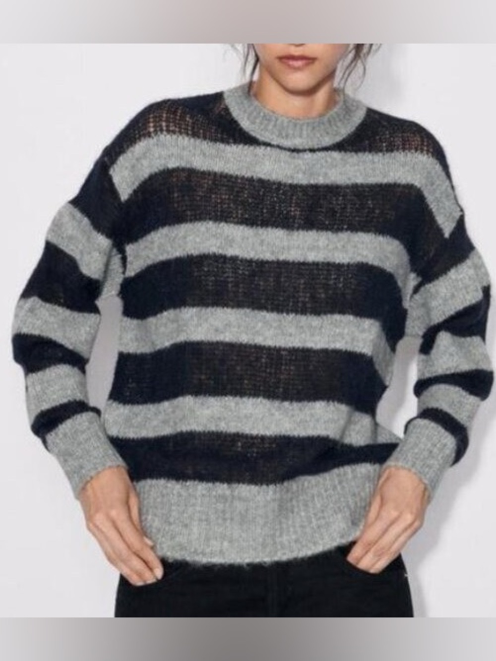 Zara Navy Blue and Gray Striped Wool Blend Sweater